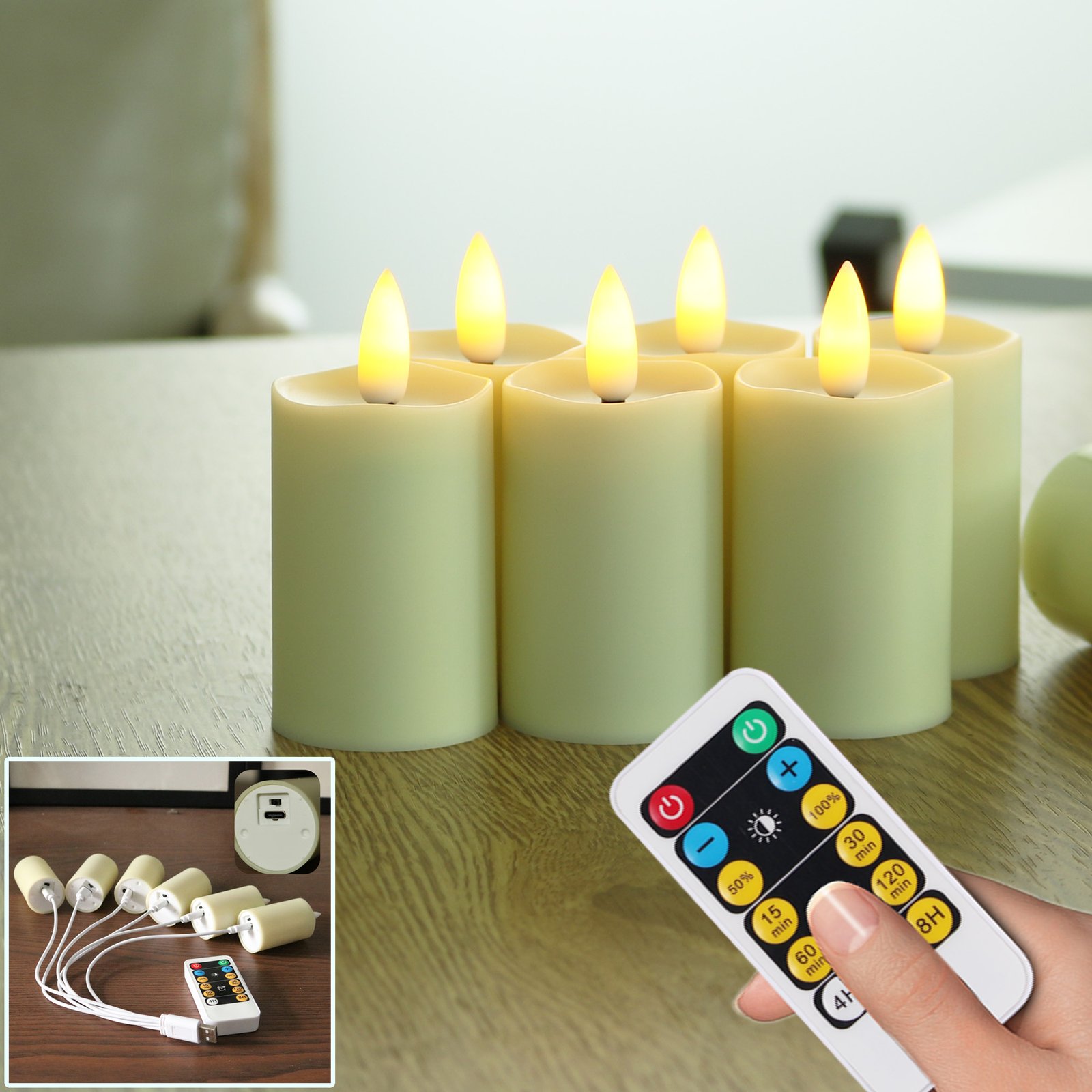 063TCL-6 6 Pack Rechargeable Type-C Fast Charging Flameless Tea Light with Remote Control, LED Flickering Candles Votive Candles, Battery Candles Indoor Home Decor, max 280 Hours - Image 1
